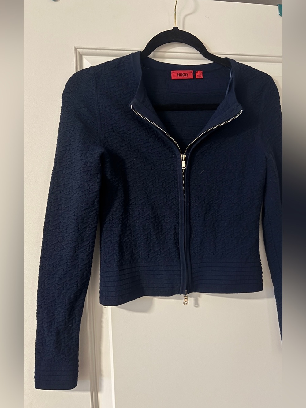 HUGO Navy Textured Zip-Up Sweater